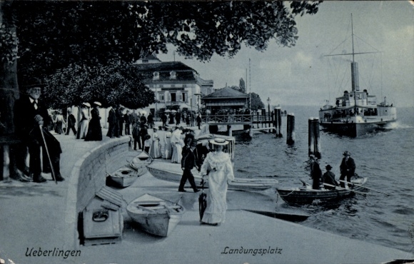 Postcard Überlingen on Lake Constance, landing place, steamship