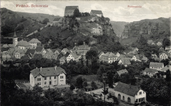 Zamek Pottenstein w Górnej Frankonii, zamek na górze, zabytkowe domy, przyroda, zamek frankoński...