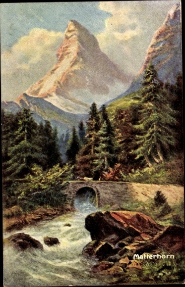 KP Zermatt Kanton Valais, Matterhorn, góry, rzeka, most, las