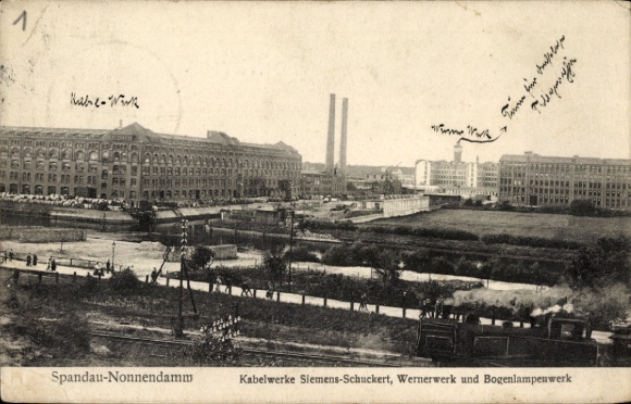 Postcard Berlin Spandau Nonnendamm, Spandau-Nonnendamm, Siemens-Schuckert cable works, factory building, Ind