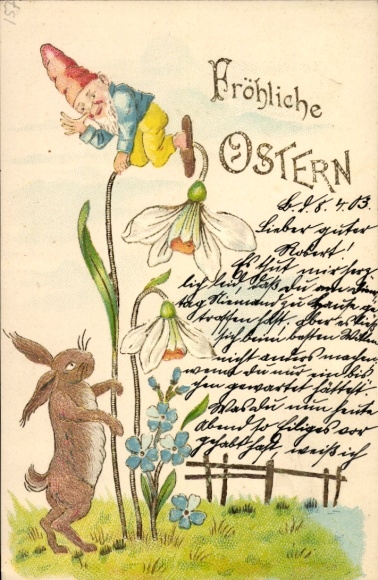 Ak Glückwunsch Ostern, Osterhase, Zwerg, Blumen