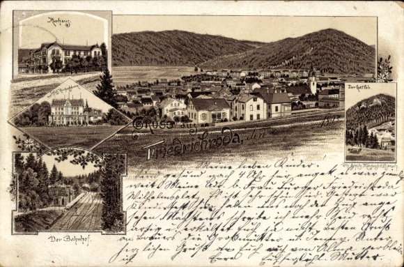 Chromo-Litho Friedrichroda in the Thuringian Forest, general view, train station, spa house