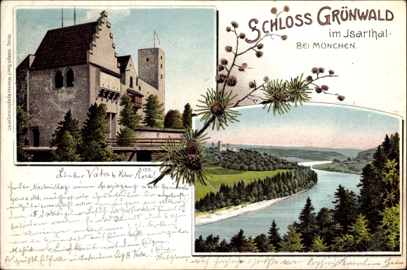 Chromo-Litho Grünwald in the district of Munich Upper Bavaria, view of the castle, landscape view