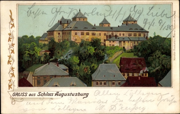 Kunstenaar litho Dutzauer, Max, Augustusburg in het Ertsgebergte, Kasteel