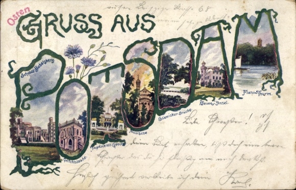Letters Chromo-Litho Potsdam, Babelsberg Palace, Courtyard, Hunting Lodge, Peacock Island