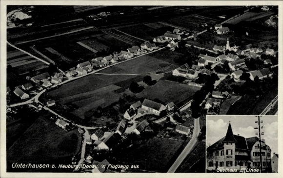 Postcard Unterhausen Lichtenstein in Württemberg, aerial photograph, rural surroundings, Gasthaus Linde