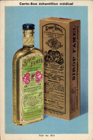 Postcard advertising, Famel syrup, Lacto Cresote Soluble, good medical sample card