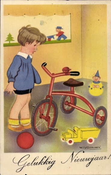 Artist Postcard Schermele, Willy, child, tricycle
