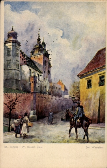 KP Kraków Kraków Polska, zamek, mur, jeździec, dzieci, chmury, budynek