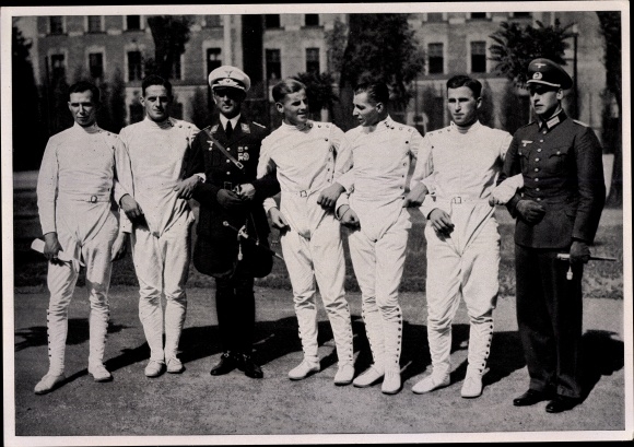 Sammelbild Olympia 1936, Deutsche Fünfkämpfer in Budapest, Handrick, Birk, Lemp, Schreiber