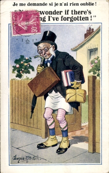 Artist Postcard McGill, Donald, Elderly gentleman in underpants, top hat, umbrella