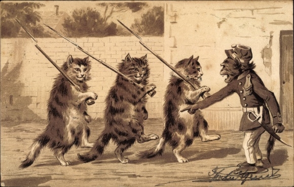 Embossed Chromo-Litho Humanized Cats and Chimpanzee, Bayonets