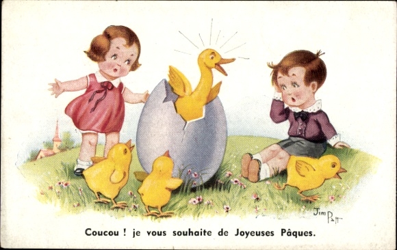 Artist Postcard Patt, J., Happy Easter, children, chick in egg