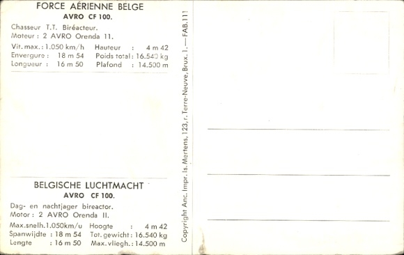 Postcard Belgian fighter aircraft, Avro CF 100