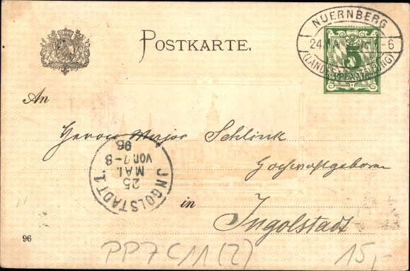 Postal stationery PC Nuremberg, state exhibition 1896, PP 7 C 11 (2)