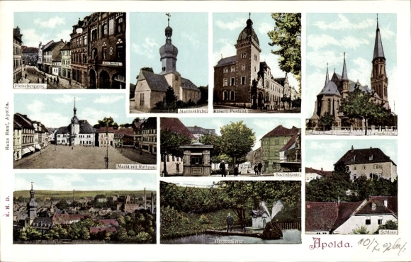 Postcard Apolda, Fleischergasse, Martinskirche, Lutherkirche, Post Office, Bachstraße, Pond, Castle