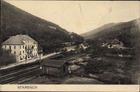 Postcard Stambach Haegen Bas Rhin, Hotel Restaurant Pension, railway station, railway line