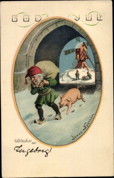 Artist PC Nyström, Jenny, Happy Christmas, dwarf with sack, pig, windmill