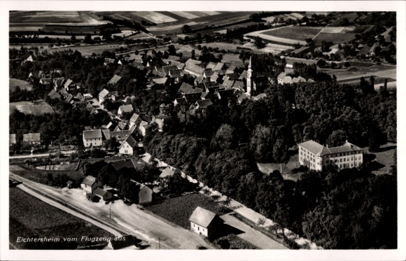 Postcard Eichtersheim in Kraichgau Baden, aerial view of idyllic village, church, high-rise buildings