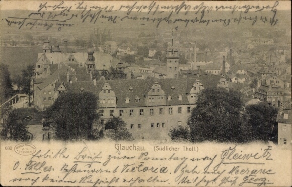 Postcard Glauchau in Saxony, black and white photo of southern part, r architecture, city view