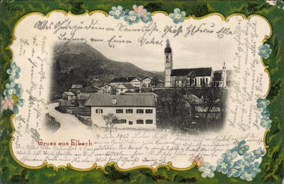 Embossed Passepartout Postcard Elbach Fischbachau in Upper Bavaria, partial view