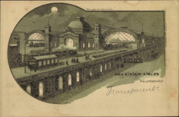 Stop against the light Moonlight Chromo-Litho Dresden Old Town, Main Station at night