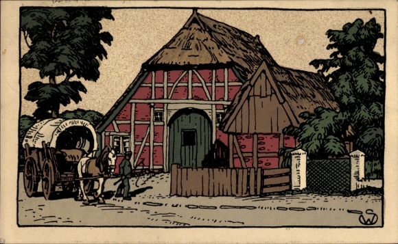 Litografia pocztówka Szlezwik-Holsztyn, domy, wozy kryte