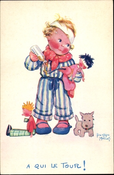Artist Postcard Mallet, Beatrice, A qui le tour, child with dolls, dog