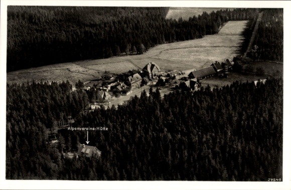 Postcard Torfhaus Altenau Schulenberg Clausthal Zellerfeld in the Upper Harz, aerial photograph, Alpine Club hut