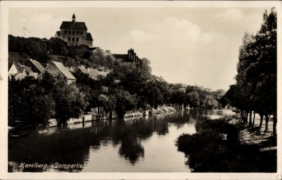 Postcard Havelberg in Saxony-Anhalt, view of the Havel and the city, cathedral visible, calm water surface, ...