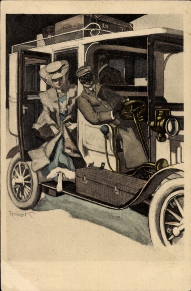 Künstler Ak von Reznicek, Ferdinand, Frau steigt aus Automobil, Simplicissimus II 11