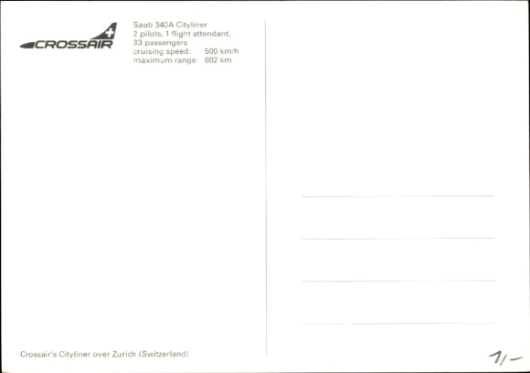 Postcard Swiss passenger aircraft, Crossair, Saab 340A Cityliner, HB-AHM