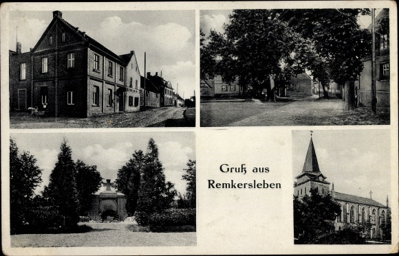 Postcard Remkersleben Wanzleben Börde in Saxony Anhalt, church, war memorial, street section