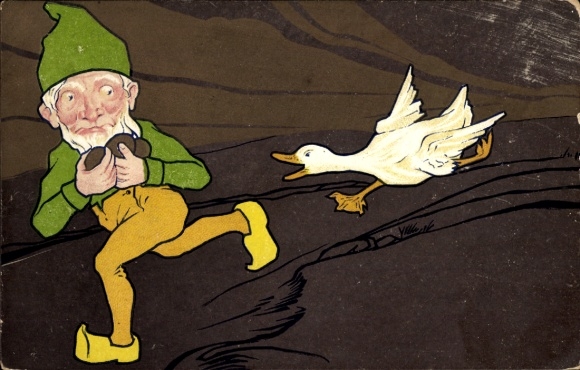 Ak Zwerg mit gestohlenen Eiern, Gans