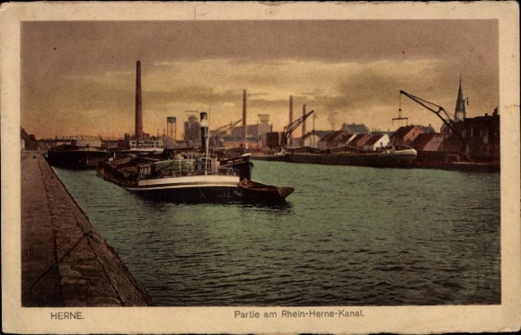 Ak Herne im Ruhrgebiet Westfalen, Rhein-Herne-Kanal, Schiffe, Industrieanlagen, Wasserweg