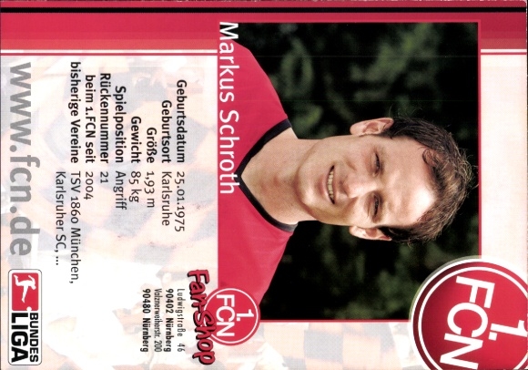 Karta z autografem piłkarza Markusa Schrotha, 1. FC Nuremberg, autograf