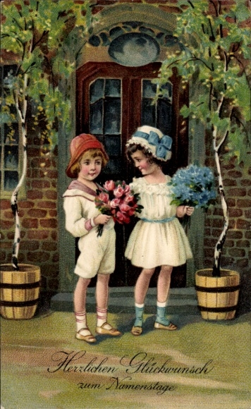 Postcard Congratulations Name Day, Children, Flowers