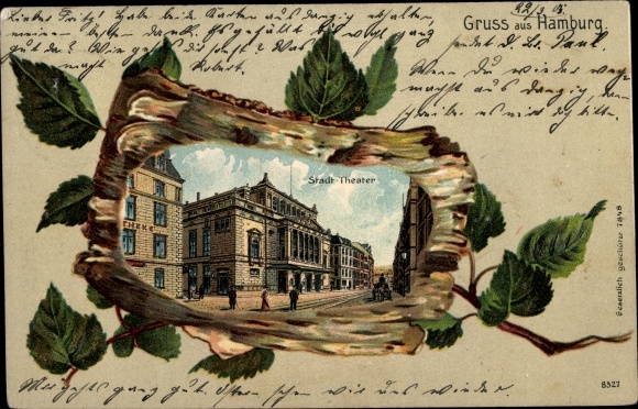 Embossed Birch Wood Chromo-Litho Hamburg Mitte Altstadt, Stadttheater, Street View
