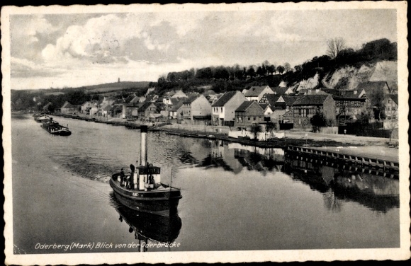 Postcard Oderberg in der Mark, panorama from the Oder bridge, tow train
