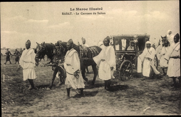 Postcard Rabat Morocco, Le Carrosse du Sultan, carriage, Moroccans, horses