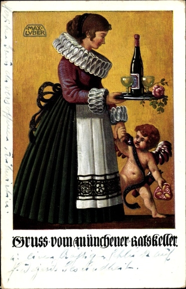 Kunstenaar ansichtkaart Luber, Max, München Beieren, groeten van de Münchener Ratskeller, engel, serveerster