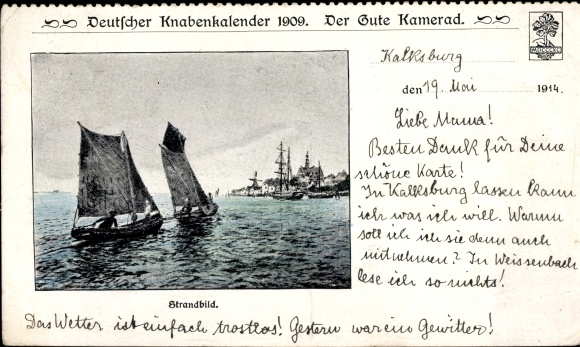 PC Vienna 23 Liesing Kalksburg, German boys' calendar 1909, beach picture, sailing boats