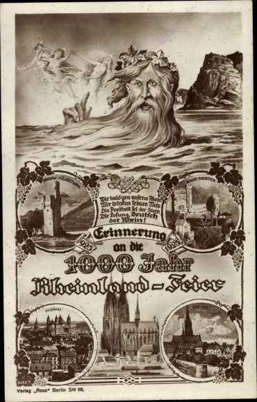 Ak 1000-Jahrfeier Rheinland, Vater Rhein, Kölner Dom, Binger Mäuseturm, Schloss Rheinstein