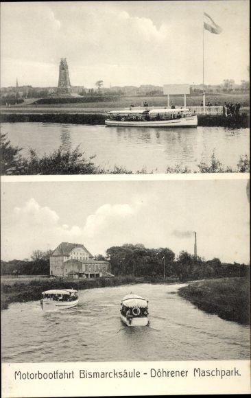 Postcard Döhren Hanover, Döhrener Maschpark, motor boat trip to the Bismarck column, landing stage
