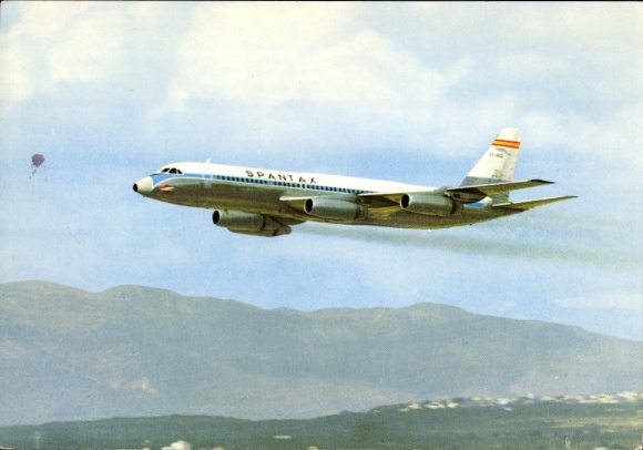 Postcard Spanish passenger aircraft of Spantax, Convair CV 990 A Coronado