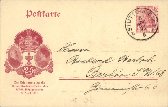Ganzsachen Ak Silberhochzeit König Wilhelm II. von Württemberg und Königin Charlotte, 8. April 1911