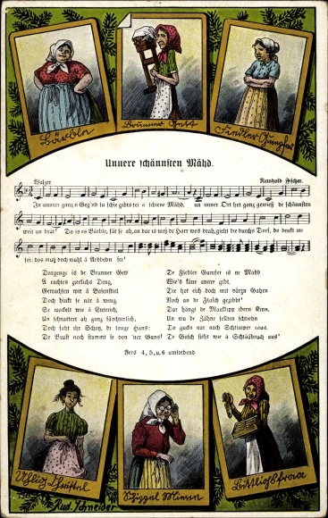 Song artists Postcard Schneider, Rud., Unnere schännsten Mähd, Wilhelm Vogel, R. Ficker, Erzgebirge
