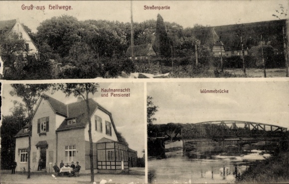 Postcard Hellwege in Lower Saxony, merchants, boarding school, Wümme bridge