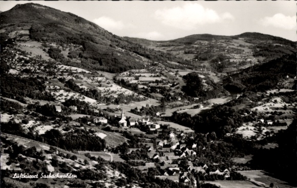 Postcard Sasbachwalden in the Black Forest, landscape with mountains, village view, church, photo