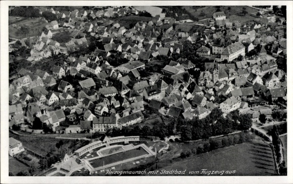Postcard Herzogenaurach in Franconia Bavaria, Liebfrauenhaus, aerial view, public bath, many houses, green